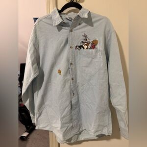 Vintage Denim Looney Toon Embroidered Button-Up Shirt